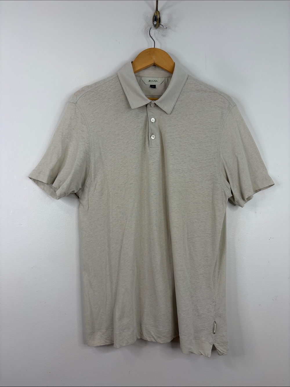 Z Zegna Polo Shirt Mens Large Beige Cotton Linen Short Sleeve Golf Vacation